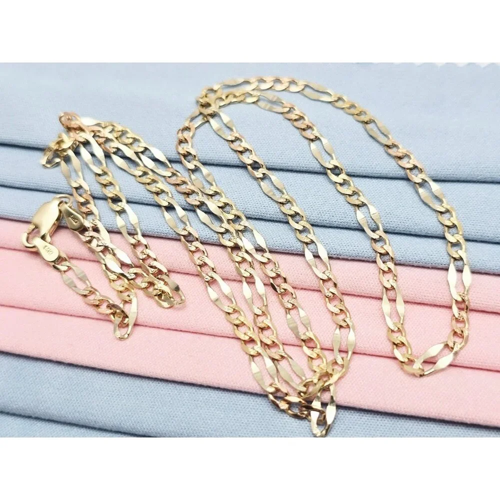 14K Two Tone Multi Color Gold Diamond Cut Figaro Link Chain Necklace - 24.25